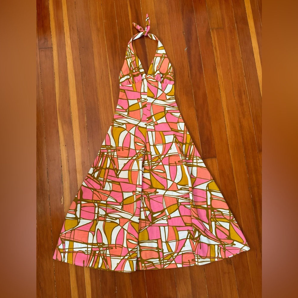1970s Geometric Print Polyester Halter Maxi Dress
